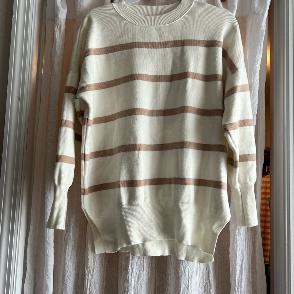 Pink Lily Cream & Tan Striped Sweater